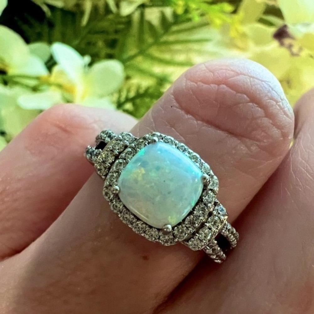 New! Opal halo Matching Set 925 Sterling Silver Size 7 Ring, necklace, e…